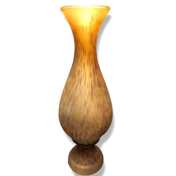 Tortoise Shell Hand Blown Hurricane Satin Art Glass Vase 14.5" Tall Vintage MCM - Picture 1 of 6